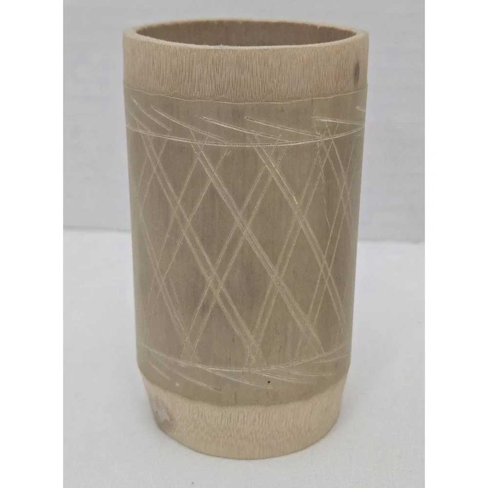 Two Vintage Jamaican‎ Hand Carved Bamboo Tiki Craft Cups Or Vases 4 Inches
